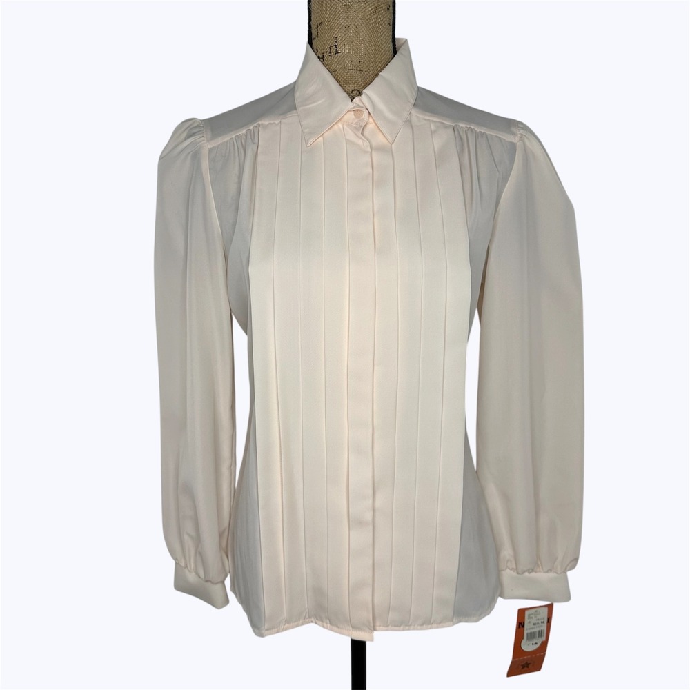 Vtg Nikki Secretary Blouse Peach Pink Pleated Front Puff‎ Shoulder 80s Sz 11/12